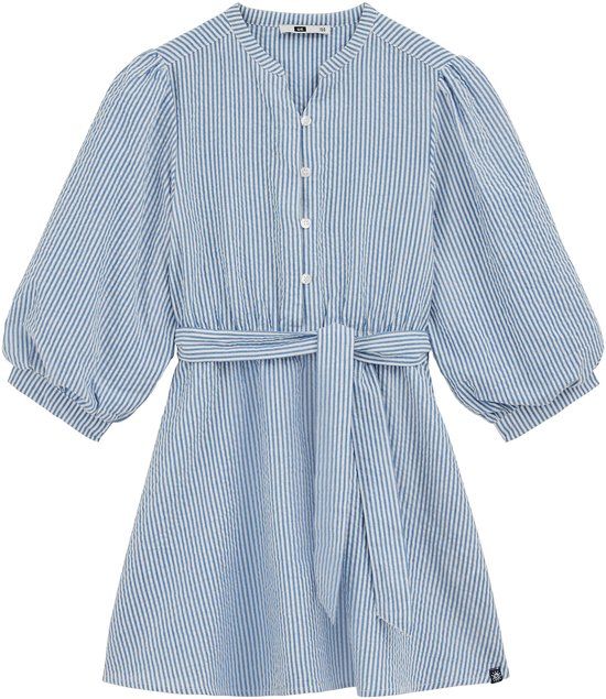 WE Fashion Meisjes seersucker jurk met ballonmouwen - Regular fit - Lichtblauw - Katoen - Maat: 146/152