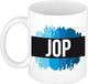 Bellatio Decorations Jop naam cadeau koffie mok - beker - met blauw verfstrepen - Cadeau collega - vaderdag - verjaardag - meester - coach - 300 ml - wit