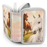 Trousse à crayons avec design cheval, avec 3 compartiments, 20 x 12 x 6,5 cm, adapté à l'usage scolaire