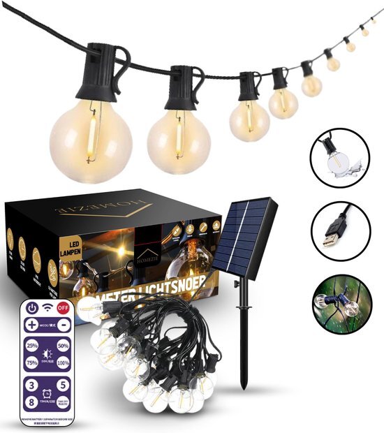 Homezie Lichtsnoer op zonne-energie - Met afstandsbediening - 10 meter - 20 LED bulbs - Tuinverlichting - Prikkabel - Lampjes slinger