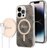 GUESS, Bundel hoesje Geschikt voor Apple iPhone 14 Pro Max Magsafe 4G en Qi 15W draadloze oplader, Bruin