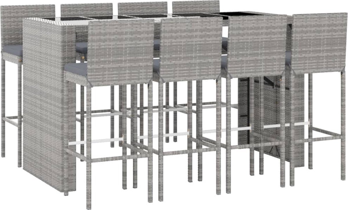 vidaXL 9-delige Tuinbarset met kussens poly rattan grijs