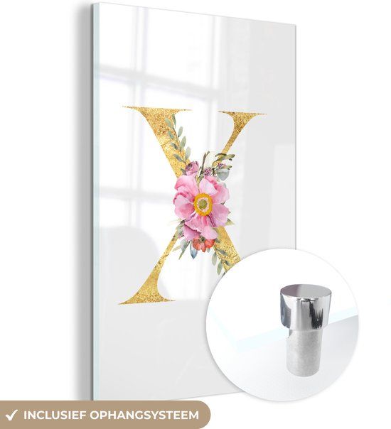 MuchoWow® Glasschilderij 80x120 cm - Acrylic Glass Painting - Watercolor - Letter - Gold - Photo on Glass - Paintings