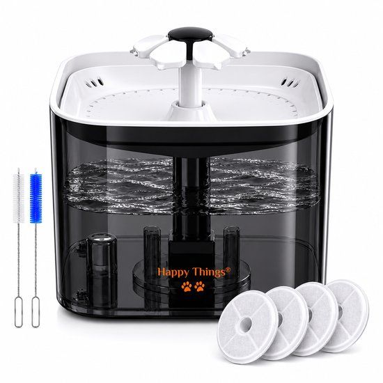 Happy Things - Drinkfontein Hond en Kat - Geruisloos - 2.5 L - Transparant Zwart met Goud - incl 4 Filters