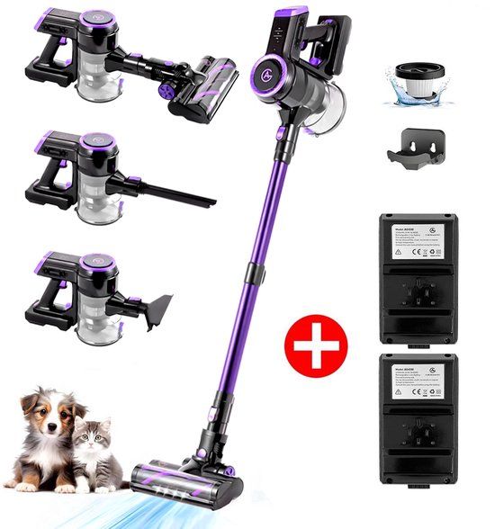 AG AG4200 Steelstofzuiger Draadloos – 2 Accu’s – 90 Min Stofzuigen – Krachtige Stofzuiger Zonder Zak – Geschikt voor Dierenharen – 2-in-1 Kruimeldief – Compact & Lichtgewicht – Verstelbare Stang - Deep Purple