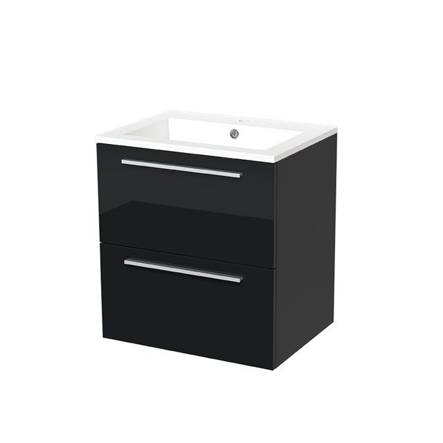Maxaro Badkamermeubel 60cm Modulo Hoogglans Zwart 2 lades Vlak Wastafel Mineraalmarmer