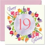 Mooie 19e verjaardagskaarten voor vrouwen - aquarel tulpen bloemen boeket - gelukkige verjaardagskaart voor haar dochter kleindochter zus verjaardagscadeaus, 145 mm x 145 mm mooie bloemen wenskaarten cadeau