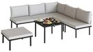 Salon de jardin - Canapé d'angle pour 5-6 personnes - Composé de : canapé 2 places, 2 fauteuils, canapé d'angle, table à lattes et pouf - Gris clair