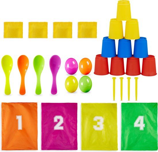 Merkloos Relaxdays oud Hollandse spelletjes - 3 in 1 set - kinderfeestje - zaklopen - eierlopen - blikgooien