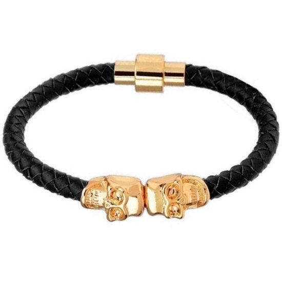LGT JWLS LGT Jewels Leren armband Edelstaal Twin Skull Goudkleurig Zwart