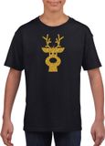 Bellatio Decorations Shoppartners Bv Rendier hoofd Kerst t-shirt - zwart met gouden glitter bedrukking - kinderen - Kerstkleding / Kerst outfit 164/176