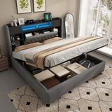 Merax 140x190 cm gestoffeerd bed met LED-verlichting, USB/Type-C oplaadfunctie, opbergruimte, grijs, zonder matras