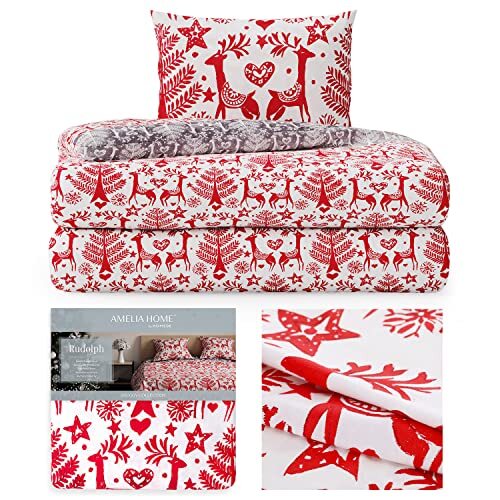 AmeliaHome 2-delig flanellen beddengoed 135 x 200 cm met 1 kussensloop 80 x 80 cm 100% katoen dekbedovertrek ritssluiting Snuggy Rudolph Rendier wit rood grijs