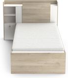 Vente-unique Modulair bed, 90 x 190/200 cm, met opslag, 1 deur, 3 holtes, 1 lade, mat wit en licht eiken, 124,5 x 226,9 x 90,5 cm