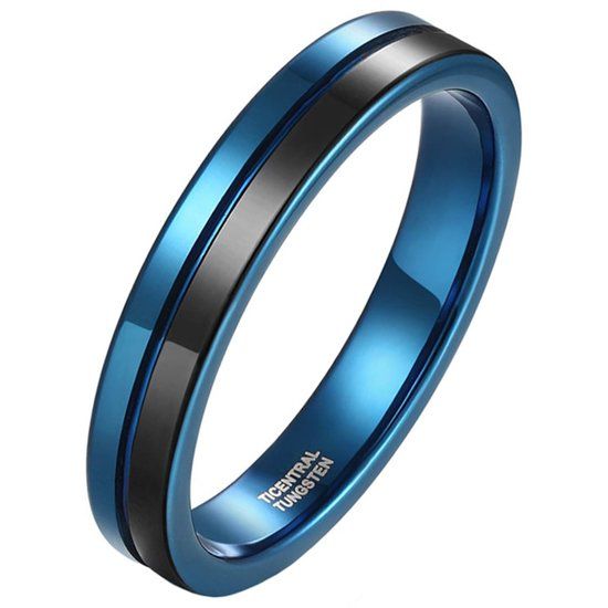 Mendes Jewelry Wolfraam heren ring Groef Blauw Zwart 6 mm