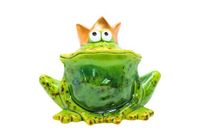 Grappige Kikkerkoning Grappige decoratieve kikker met gouden kroon, van keramiek, in groen, voor huis, tuin, terras of vijver, grootte: L/B/H ca. 9 x 16 x 12 cm