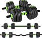 Ensemble de poids - Réglable, 3-en-1 - 20 kg - Barre d'extension pour haltères - Poignée antidérapante - Entraînement de force des bras - Vert