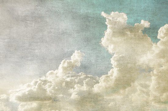 karo-art Canvas Schilderij - Blauwe hemel met witte wolken, grunge in retro stijl, 90x60 cm