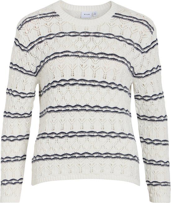 Vila Visalanda L/S O-neck Knit Top - White Alyssum/Navy Blazer - L
