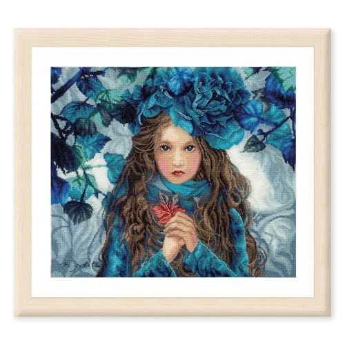 LANARTE Borduurpakket Kruissteek Schilderij BLAUWE BLOEMENMEISJE Handwerkpakket voor Wanddecoratie 38 x 32 cm Borduurwerk met Telpatroon DIY Kit Moderne Kruissteek Cadeau Knutselen Voor Volwassenen