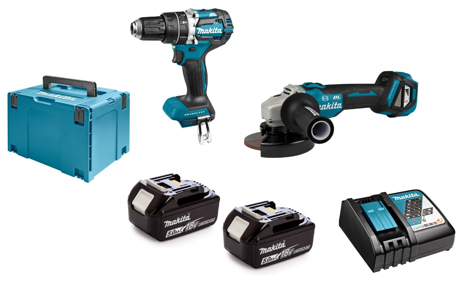 Makita DLX2272TJ - 18V Accu Klopboormachine & Haakse Slijper Combi Set - 2x 5.0Ah - Mbox