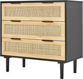 Merkloos Commode Met 3 Laden Van Natuurlijk Rotan - Modern Houten Kist voor Opslag, Boho Stijl Met Stabiele Grepen & Poten, Ideaal voor Slaapkamer, Woonkamer, Gang