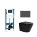 QeramiQ Dely Toiletset - réservoir encastré Qeramiq Flush - abattant 35mm - plaque de commande en pierre naturelle marbre foncé - boutons ronds - noir mat