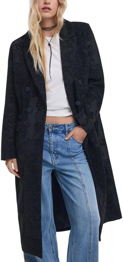 Desigual Floral Pattern Lapel Collar Long Coat with Button Fastening Women's Black Polyester Size S