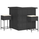 vidaXL 3-delige Tuinbarset met Kussens, Polyrattan, Zwart