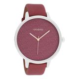 OOZOO Timepieces - Zilverkleurige horloge met bordeaux rode leren band - C10408