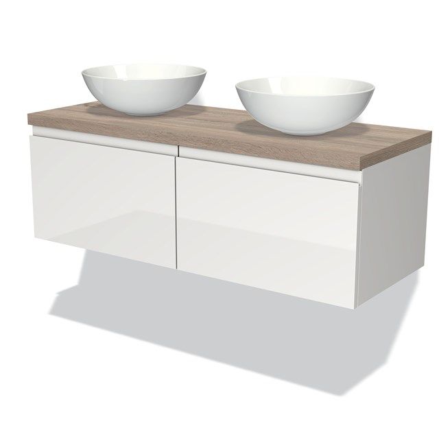 Maxaro Badkamermeubel Modulo Plato 120cm Hoogglans Wit 2 Lades Greeploos Eiken Blad