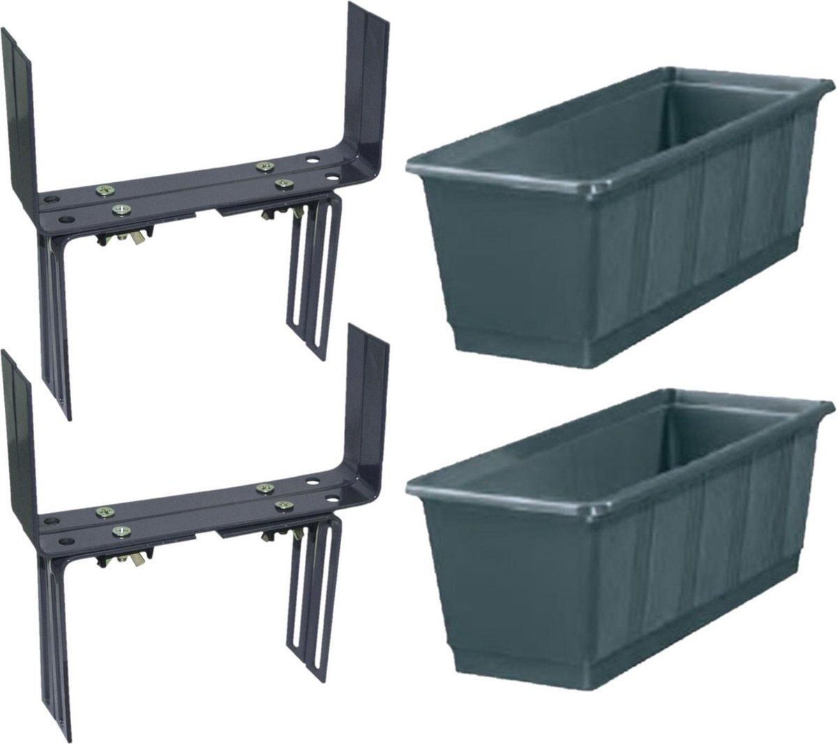 Geli Set van 4 plantenbakken antraciet grijs rechthoekig 60 cm met 8 verstelbare balkon/muurbeugels