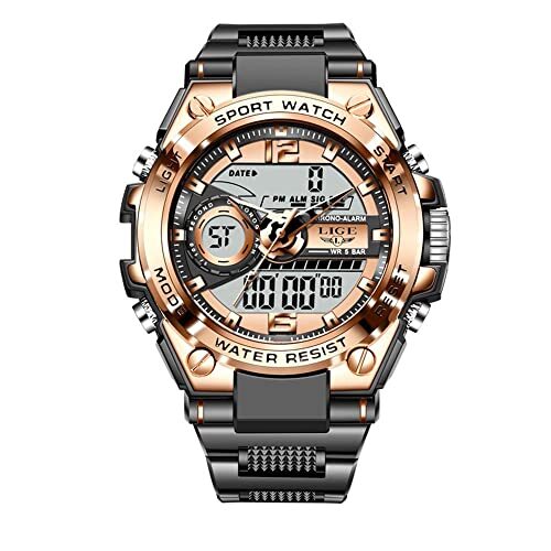 KDFJ Sport Mannen Quartz Digitale Horloge Creatieve Duikhorloges Mannen 50m Waterdicht Alarm Horloge LED Stopwatch Dual Display Klok-Zwart goud