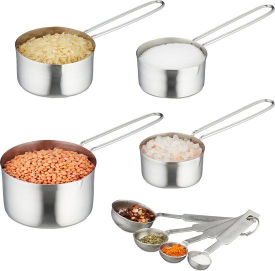 Relaxdays Maatlepel Set - 8-delig - RVS - US-maten en ML - Met Handgrepen - Zilver
