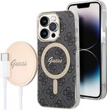 GUESS, Bundel hoesjes Geschikt voor Apple iPhone 14 Pro Magsafe 4G en draadloze oplader Qi Magsafe 15W, Grijs