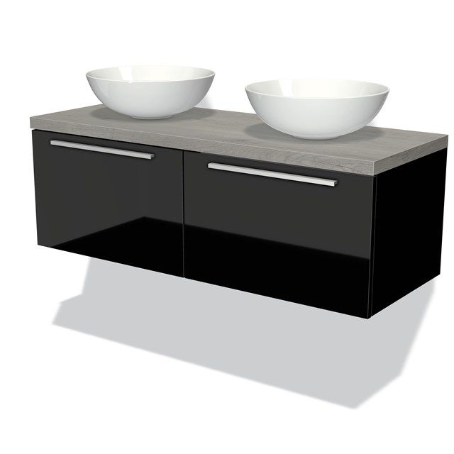 Maxaro Badkamermeubel voor Waskom 120cm Modulo Plato Hoogglans Zwart 2 Lades Vlak Grijs Eiken Blad