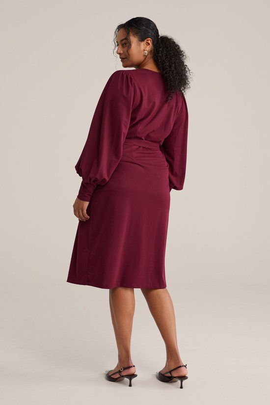 WE Fashion Dames midi jersey jurk met overslag - Curve - Vintage red - Maat 44