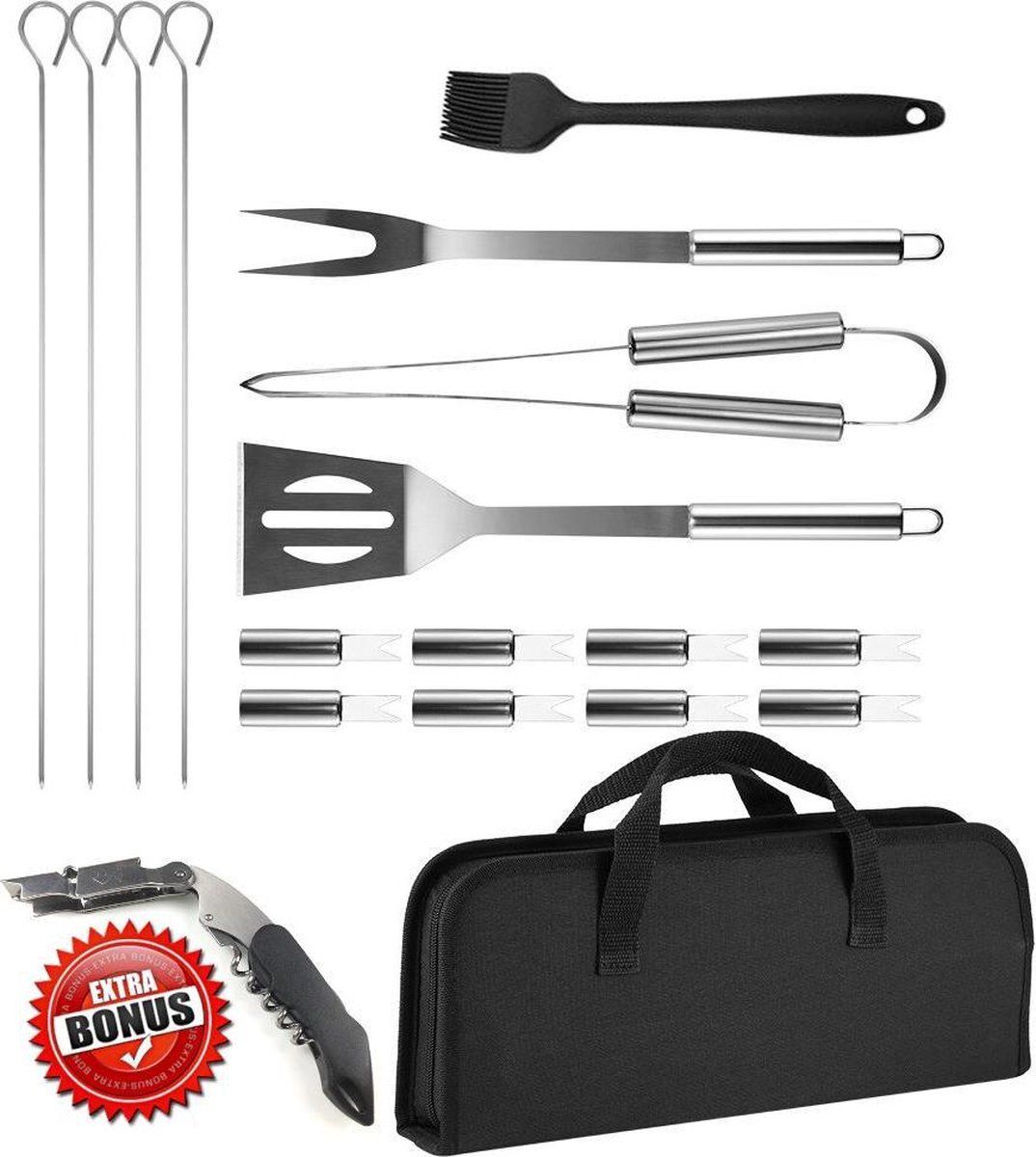 LivingHub 16-Delige Luxe BBQ Gereedschap Accessoires Set in Roestvrij Staal - Barbecue Gereedschapset - Kelnermes - In Handige Opbergtas