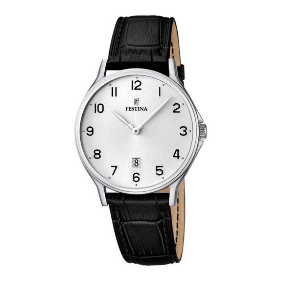 Festina F16745-1 Mannen Polshorloge Staal Zilverkleurig Leer Zwart 39 mm