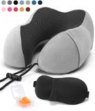 SKYCASES Nekkussen Set 3-delig - Ergonomisch Memory Foam Reiskussen met Oogmasker en Oordoppen - Ideaal voor Vliegtuig, Auto en Trein - Compact en Luxe - Lichtgrijs