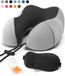 SKYCASES Set de coussins de nuque 3 pièces - Coussin de voyage ergonomique en mousse à mémoire de forme avec masque pour les yeux et bouchons d'oreilles - Idéal pour avion, voiture et train - Compact et luxueux - Gris clair