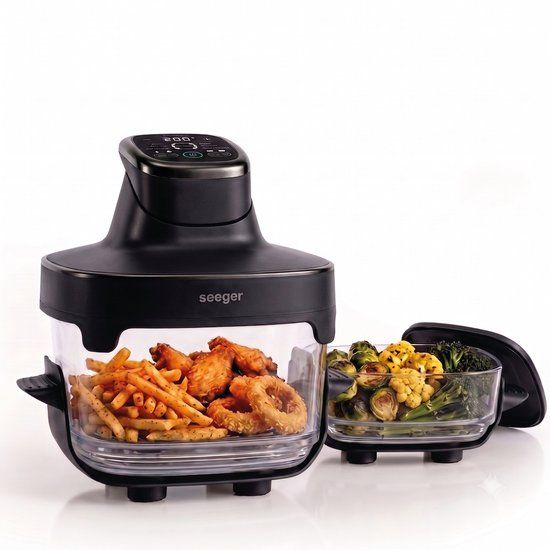 Seeger ClearFry Glazen Airfryer - 6 Programma's - PFAS-Vrij - 60°C Tot 200°C - 2.5L + 4.5L Glazen Containers - Zwart