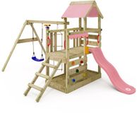 Wickey TurboFlyer Speeltoestel - Schommel en Touwladder met Glijbaan - Klimwand & Zandbak - 430x269x237 cm - Pastelroze