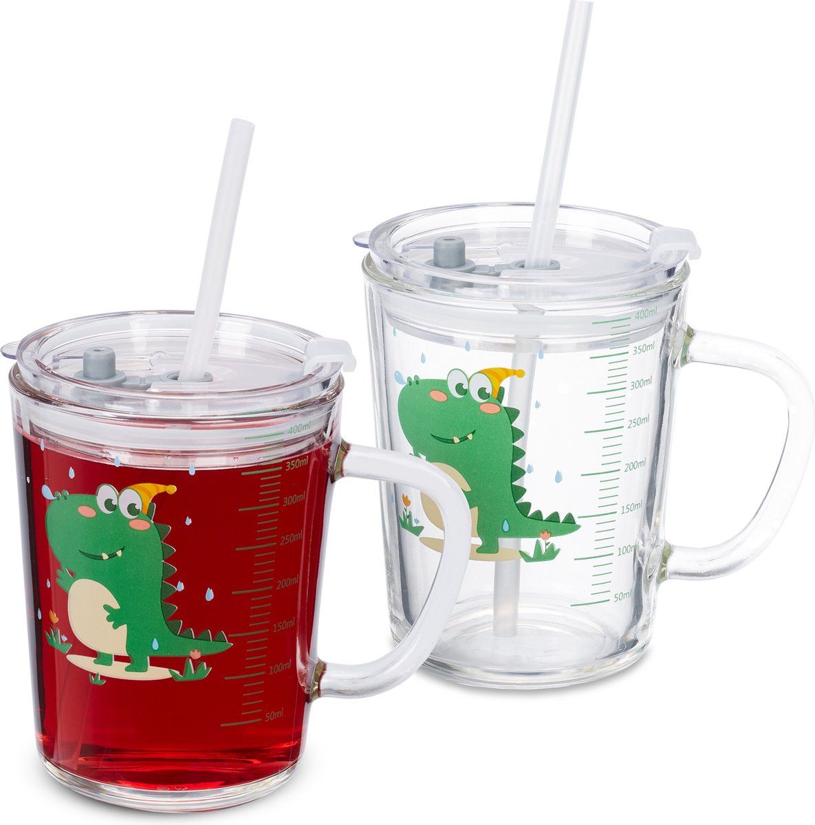 Relaxdays Drinkglazen - Set van 2 - Dinosaurus - Met Deksel - Kinderen