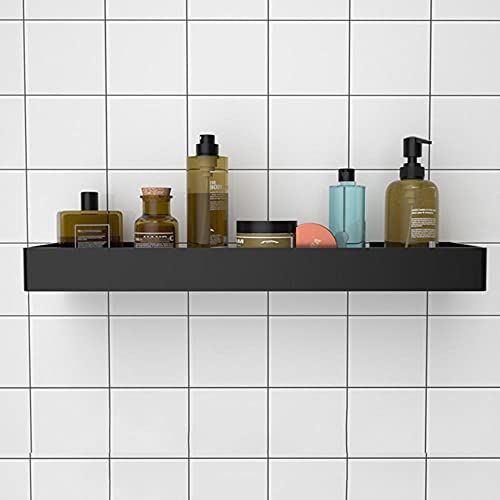 Douche hoekplank, zonder boren zelfklevende pads Douche metalen mand met 4 haken Roestvrij badkamerruimte Aluminium opbergrek Wandgemonteerde douche- organizer (Color : Black, Size : One pack for tri