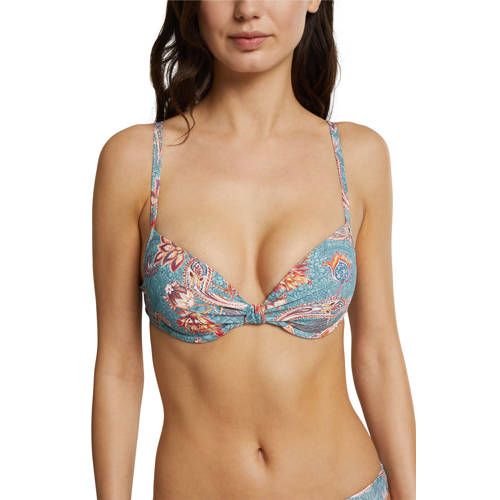 ESPRIT Women's Beach Bikini Top - Light Blue/Orange All-Over Print