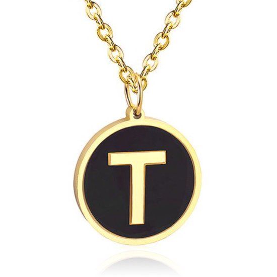 Cilla Jewels Goudkleurige Dames Schakelketting met Zwarte Kettinghanger Letter T