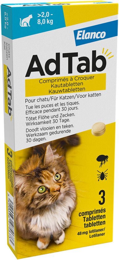 Adtab Anti Vlo en Teek Kauwtabletten Kat >2,0-8,0 kg 3 tabletten