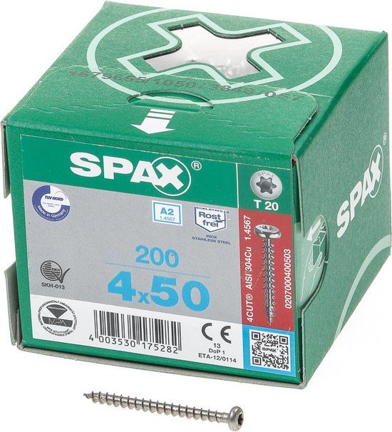 Spax Spaanplaatschroef cilinderkop RVS T-Star T20 4.0x50mm (200 stuks)