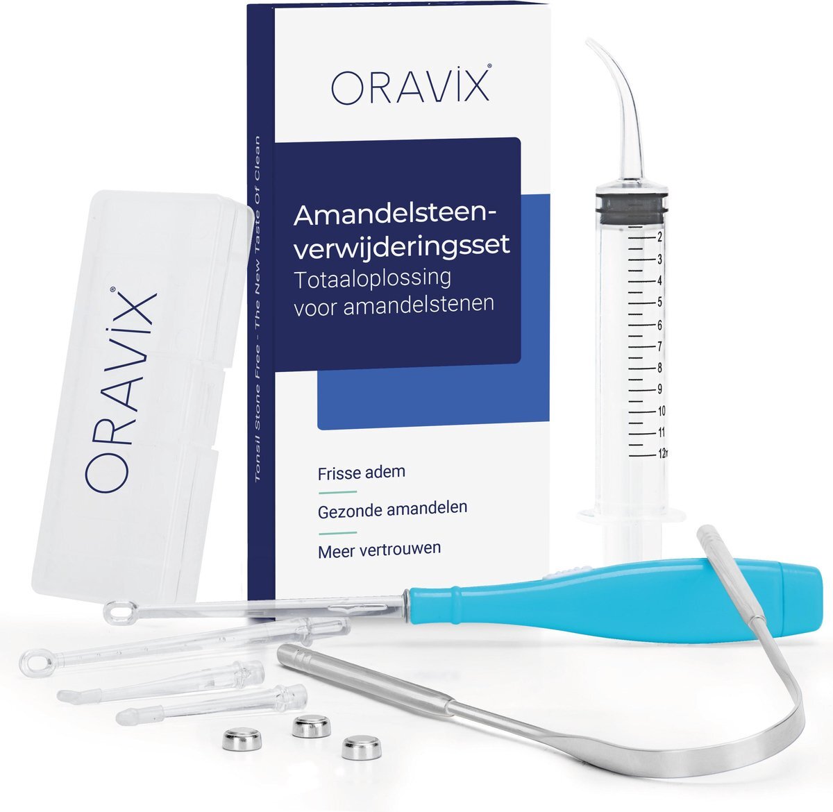 Oravix Amandelstenen Verwijder Kit | Amandelstenen Verwijderen & Voorkomen | Verlicht Zere Keel| Slechte Adem Verhelpen| LED Tool met 3 Mondstukken, Gebogen Spuit & Koperen Tongschraper| Handleiding|